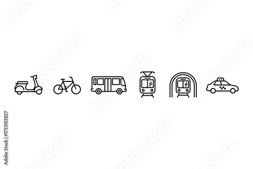 Public transport line icon set. Urban transportation vector symbols. City mobility concept includes bus, subway, metro, tram, taxi, bicycle, and scooter. Simple pictogram collection.