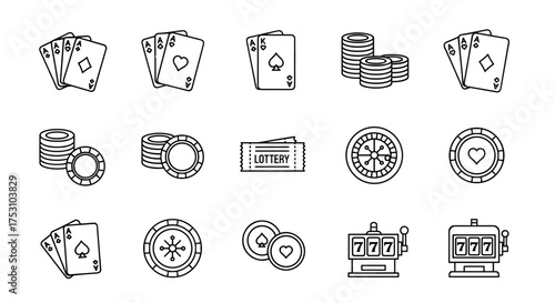 Gambling and casino vector icon set. Outline symbols of poker cards, gaming chips, roulette wheel, slot machine, lottery ticket. Concepts of betting, risk, luck, and jackpot.