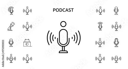 Podcast and microphone line icon set. Vector collection of thin outline symbols for audio broadcast, streaming, radio show, and interviews. Voice recording & communication signs.