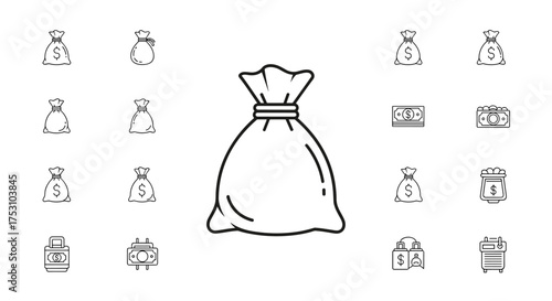 Money bag and finance line icon set. Vector cash, sack with dollar sign, currency, payment, and wealth symbols. Concepts for banking, savings, investment, and economy.