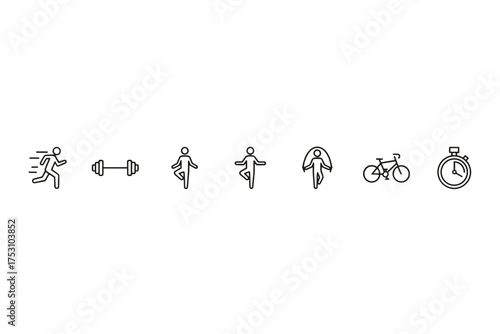 Fitness and sport icon set. Line art symbols for exercise, running, gym workout, yoga, cycling, and cardio training. Healthy lifestyle concept vector illustration.