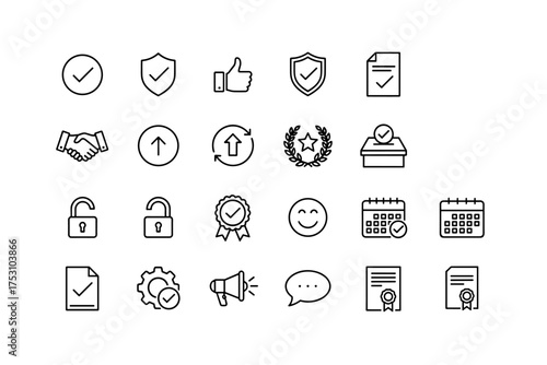 Approve line icon set. Quality check mark, guarantee seal, security shield, and success award. Business agreement handshake, certificate document, vote and satisfaction symbols.