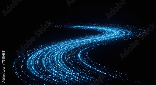 Winding path of blue glitter particles shimmering against a dark background with soft glow