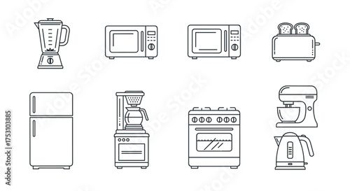 Kitchen appliances vector icon set. Thin line art illustration. Collection of household equipment like blender, microwave, toaster, fridge, coffee maker, stove, mixer, kettle.