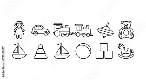 Toy line icon set. Vector symbols of childhood play items. Doll, car, train, bear, boat, ball, blocks, rocking horse. Minimalist outline drawings for kids. Simple illustrations.