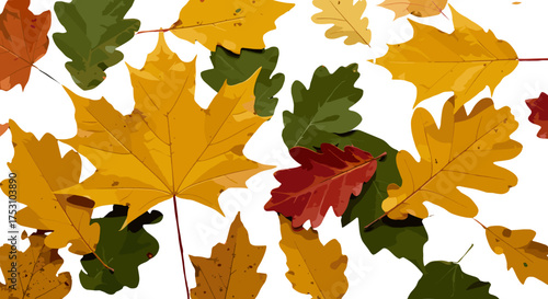 Colorful autumn leaves collection isolated on white background. Vibrant fall foliage pattern with maple and oak leaves. Seasonal nature concept for decorative design or wallpaper.