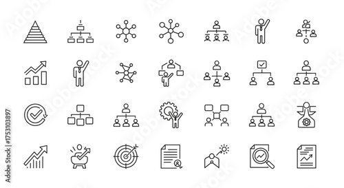 Business management thin line icon set. Vector symbols for organizational structure, corporate hierarchy, teamwork, growth chart, project strategy, goal setting, and data analysis.