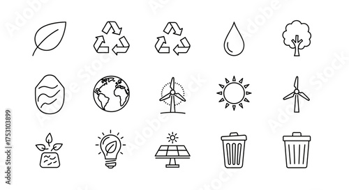 Ecology and environment icon set. Thin line symbols for sustainability, green energy, and recycling. Includes leaf, planet, solar panel, and wind turbine vector icons.