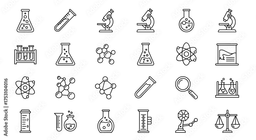 Naklejka premium Science and chemistry research icon set. Collection of laboratory equipment symbols for experiment and education. Line art vector illustration of microscope, flask, atom, molecule.