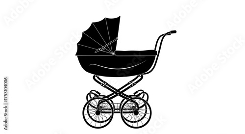 Vintage baby stroller silhouette. Retro pram for newborn. Classic carriage icon for baby shower invitation. Motherhood and childhood concept. Old-fashioned pushchair vector.