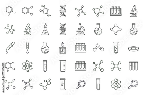 Science and chemistry thin line icon set. Laboratory and scientific research equipment. Vector icons of molecule, atom, DNA, microscope, test tube, flask for education.