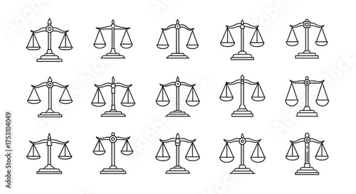 Scales of justice icon set. Line art symbols of law, equality, and judgment. Vector collection for legal services, court, and lawyer branding. Balance and truth concept.