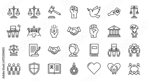 Human rights, law, and justice line icon set. Concepts of equality, freedom, protest, and peace. Includes icons for court, activism, community, legal agreement, and unity.