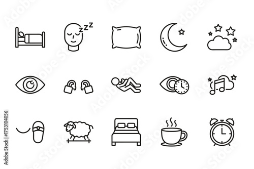 Sleep and bedtime line icon set. Simple outline symbols for rest, relaxation, night, and dreams. Vector collection includes bed, pillow, moon, alarm clock, insomnia, and sleep cycle concepts.