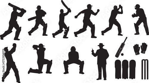 vector Cricket player in different Poses silhouette, transparent background PNG Collection