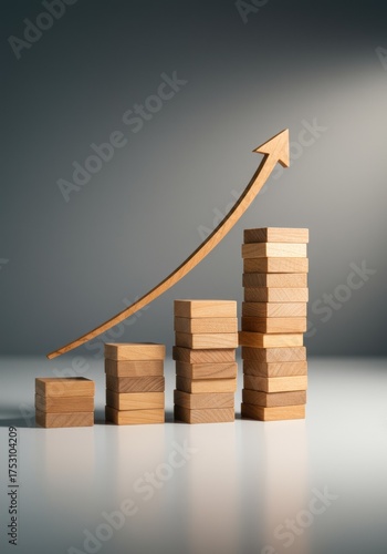 Wooden Blocks Stacked Increasing Graph With Upward Arrow Demonstrating Growth And Success On Gray Background