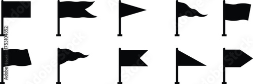 Black flag icon set, collection and group of flagpole symbols in flat style, minimalist banner, pennant, marker, and sign design vector illustration, silhouette and outline black vector collection