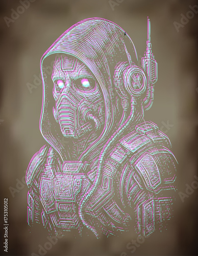 Cyberpunk Soldier in Hood with Gas Mask – Futuristic Glitch Art on grunge background, tattoo, logo, cyberpunk, soldier, mask, digital, futuristic, neon, glitch, tech, sci-fi, dystopian, warrior, armor