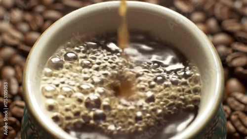 A hot brown cup of espresso with roasted coffee beans offers a morning caffeine boost