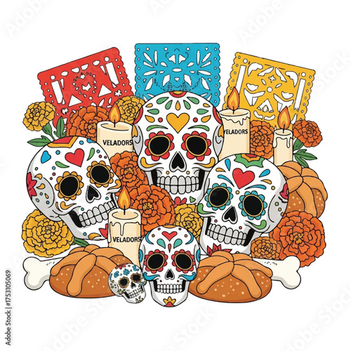 Colorful illustration of decorated sugar skulls surrounded by flowers, candles, and traditional Mexican offerings on a white background.