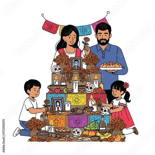 A family of four building an ofrenda with colorful decorations and offerings for Dia de los Muertos against a clean white background.