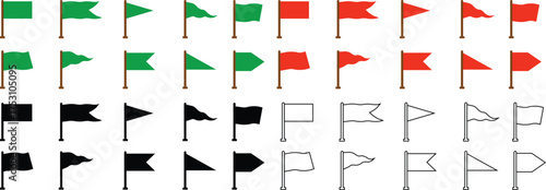 Flag icon set, collection, and group in flat line style, including red, green, black, and outline flags, banner, pennant, symbol, and sign vector for design, competition, or location marker