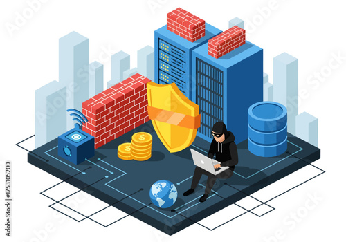 Isometric cybersecurity concept with hacker attacking server data
