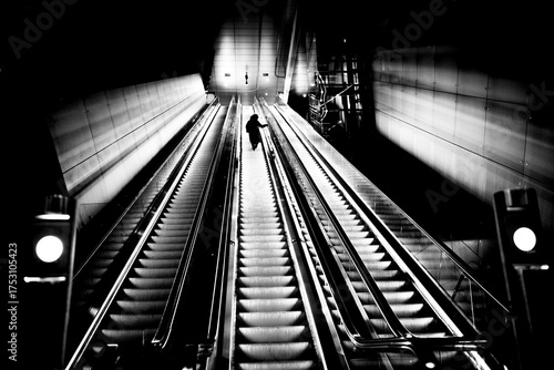 Woman standing on escalator at a subway station.