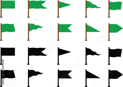 Green and black flag icon set, collection and group of flat style vector illustrations, minimalist flagpole, banner, pennant, marker, and symbol design, isolated on transparent background vector