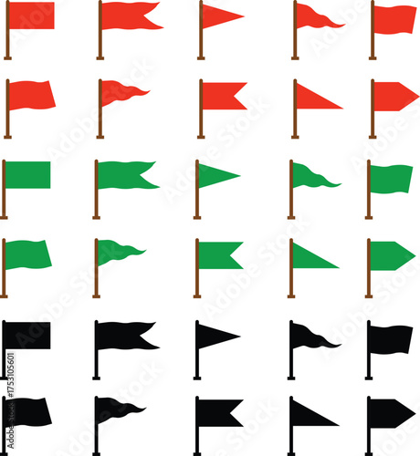 Flag icon set, collection, and group in flat style, including red, green, black, and outline flags, banner, pennant, symbol, and sign vector illustration for design, competition, or location marker