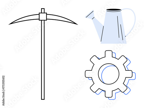 Pickaxe standing upright, watering can tilted slightly, and gear symbolizing labor, development, and productivity. Ideal for teamwork, industry, agriculture, innovation collaboration growth