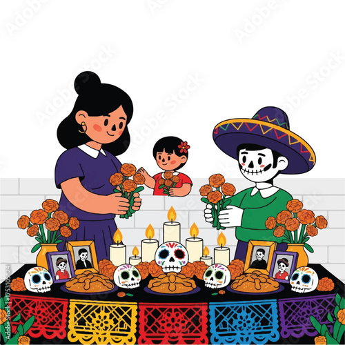 Illustration of a woman and a skeleton in traditional Mexican attire with a child, surrounded by flowers, candles, and offerings on a colorful table against a white brick wall.