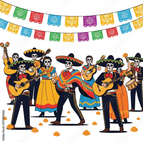 A lively group of skeletons dressed in colorful traditional Mexican attire playing guitars and dancing under a festive banner with a vibrant and playful mood.
