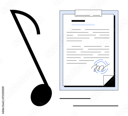 Musical note alongside a signed contract with a folded corner conveys creative rights, legal consent. Ideal for copyright, licensing, music contracts, intellectual property, publishing, creators