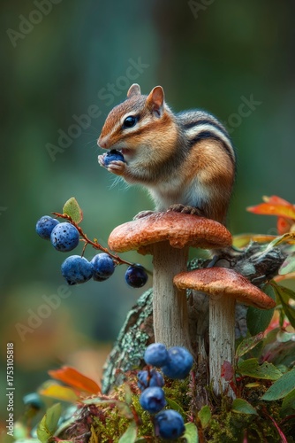 Chipmunk enjoying a blueberry snack near colorful mushrooms in a forest setting during autumn