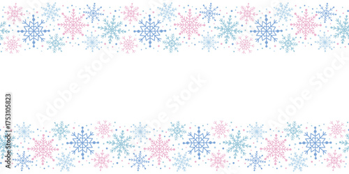 Winter banner template with different shapes snowflakes. Horizontal Christmas border	in pastel colors