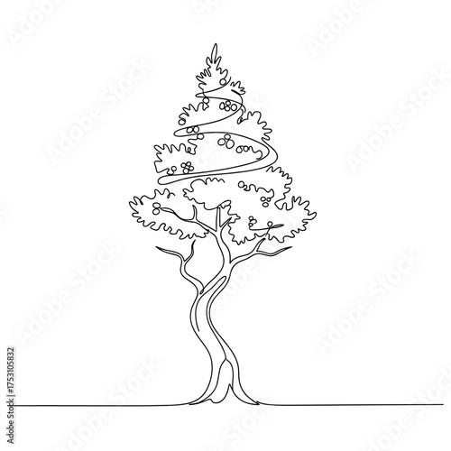 Juniper tree one line drawing, black and white, for nature and botanical concepts, with copy space