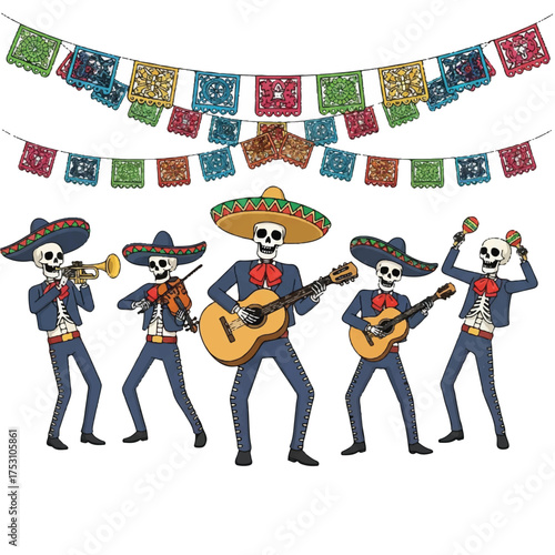 Illustration of five skeletons in mariachi costumes playing musical instruments under colorful papel picado banners on a white background.