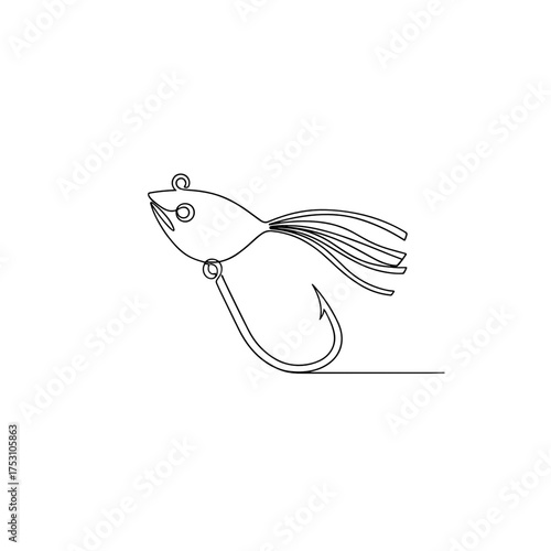 Fishing lure one line drawing, black and white, sport fishing and hobby concept, with copy space