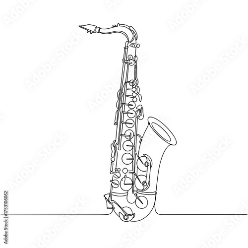 Jazz saxophone one line drawing, black and white, for music and concert concepts, with copy space