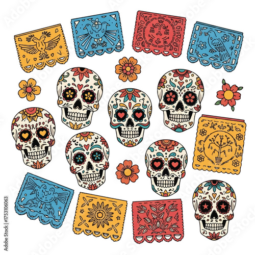 Colorful sugar skulls and floral designs on decorative tiles against a white background in a flat lay composition with vibrant, festive mood.