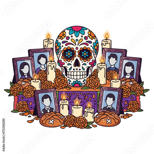 Vibrant Day of the Dead altar with sugar skull and photographs surrounded by lit candles and marigolds on a white background.