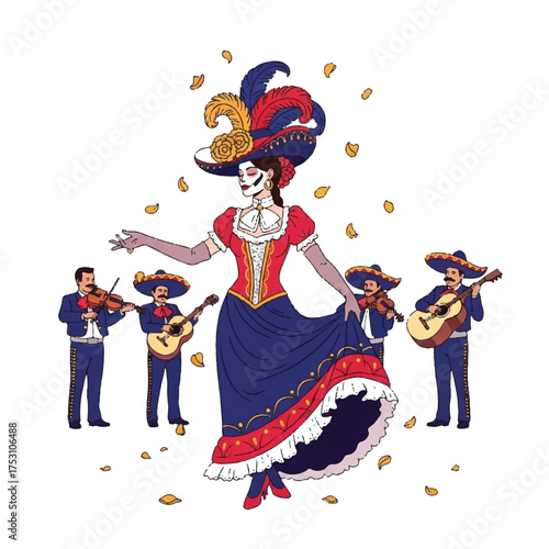 Illustration of a colorful Day of the Dead dancer surrounded by mariachi musicians with guitars, against a white background, conveying a festive and cultural mood with vibrant tones.