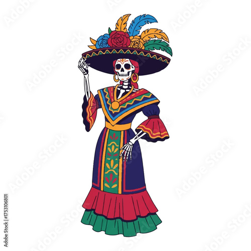 Colorful illustration of a skeleton woman wearing a traditional Mexican dress and sombrero, holding a fan, against a plain white background with vibrant cultural patterns.