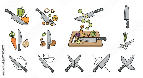 A collection of illustrations depicting knives and various vegetables, some showing the action of cutting and preparing food.