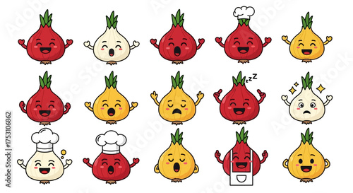 A collection of cartoon onion characters in red, white, and yellow, expressing various emotions and wearing chef hats and aprons.