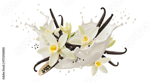 Vanilla beans and flowers with milk splash isolated on transparent background