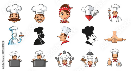 A collection of cartoon chef illustrations, showcasing diverse characters and cooking elements on a white background.