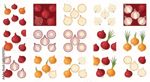 Illustration showcasing various types and preparations of onions, including red, white, and yellow, both whole and sliced, arranged in a grid pattern.