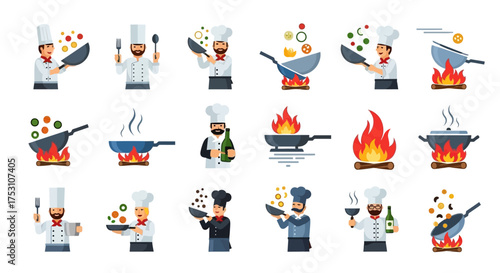 A collection of cartoon chefs cooking with pans and woks over flames, tossing ingredients in the air, and holding utensils.